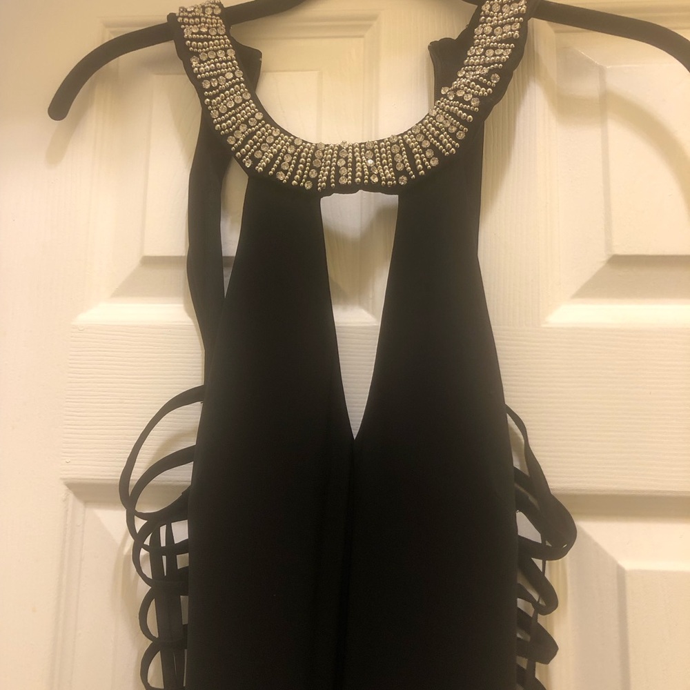Black studded neck , open side long evening dress